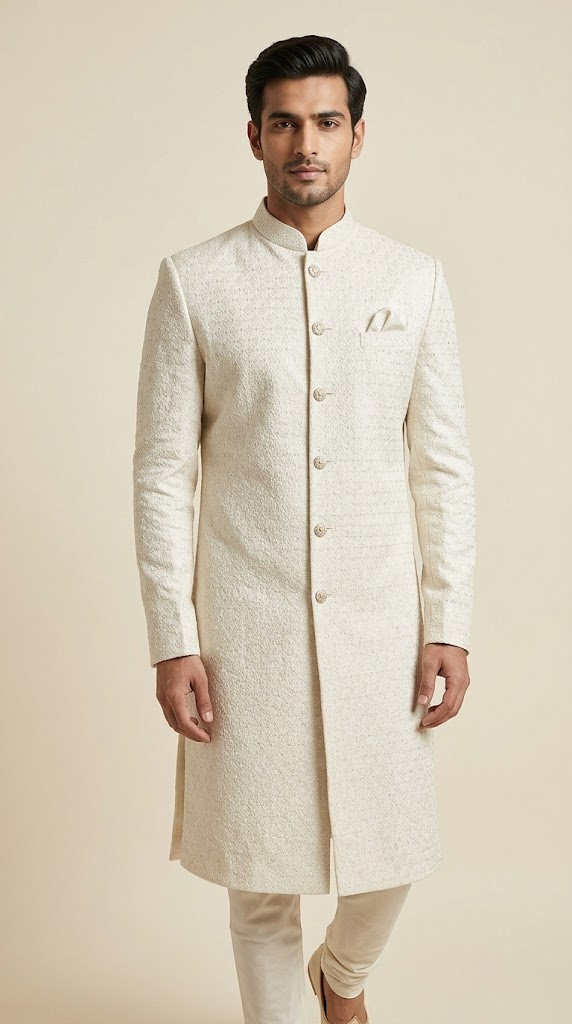 Geometric Pattern Ivory Sherwani – men's ethnic wear Dadar