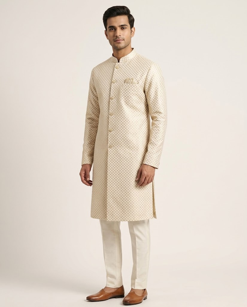 Ivory Gold Jacquard Sherwani – men's wedding wear Sundesha Annex