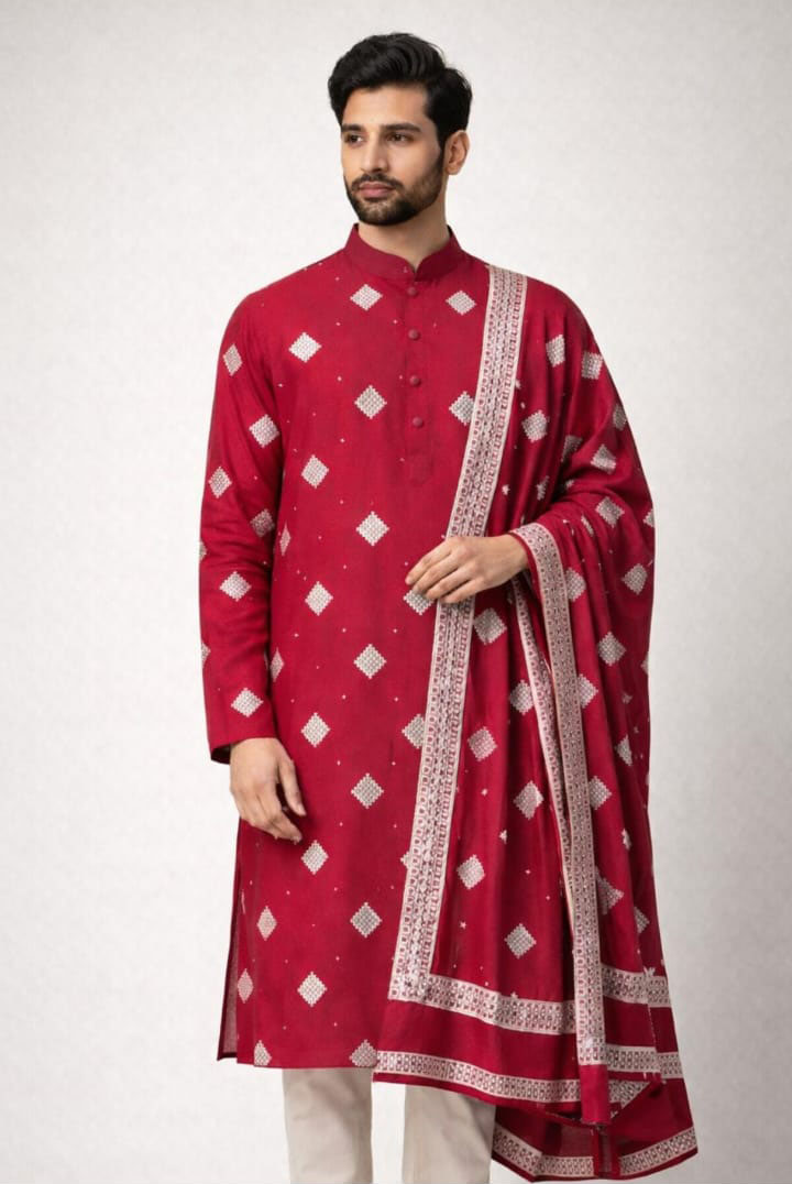 Red kurta and dupatta set for men- Sundesha Annex Mumbai 